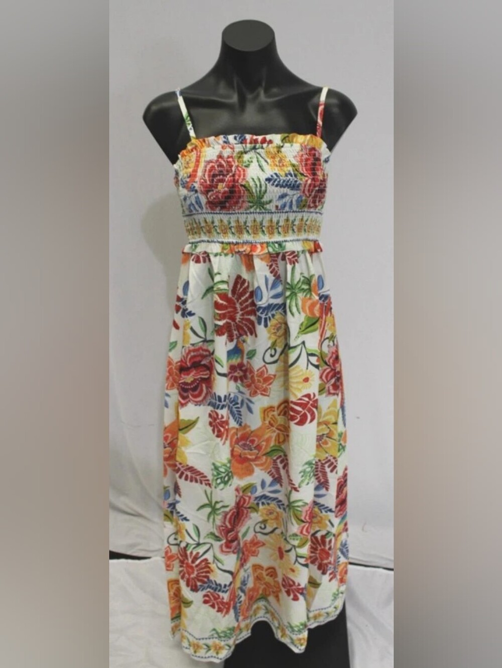 Smocked Floral Maxi Dress - White with Multicolor Print